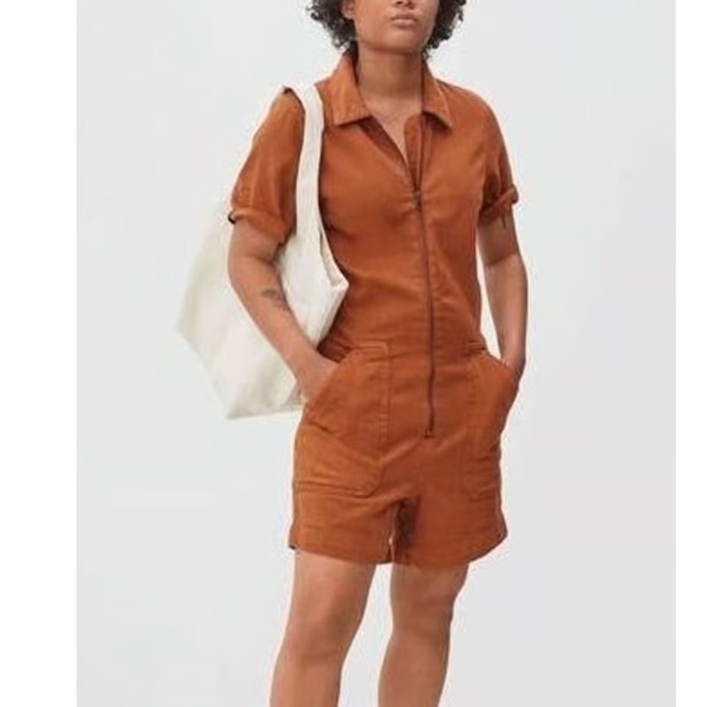 Everlane Brown Denim Short Overall Romper Organic Cotton Size 8